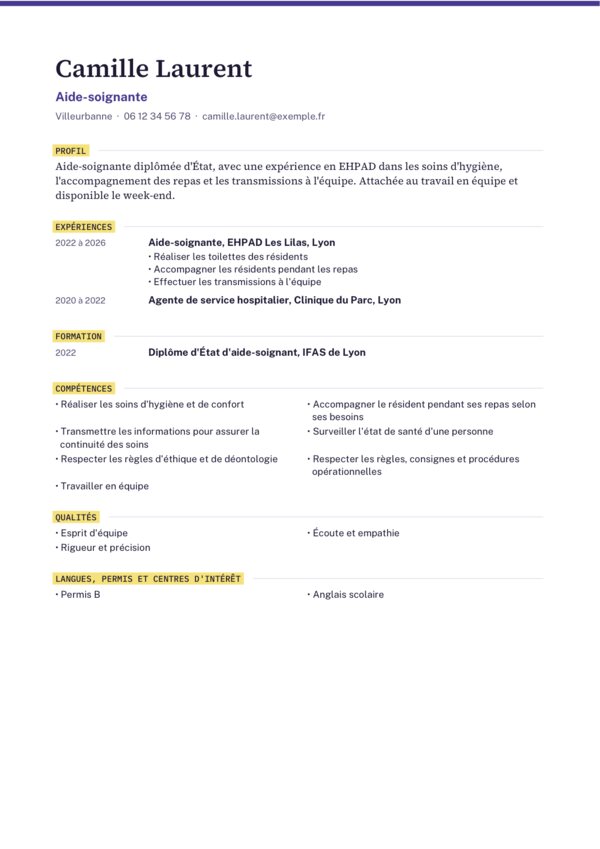 Le CV de Camille, une page A4 : son titre, son profil, ses deux expériences, sa formation, ses compétences